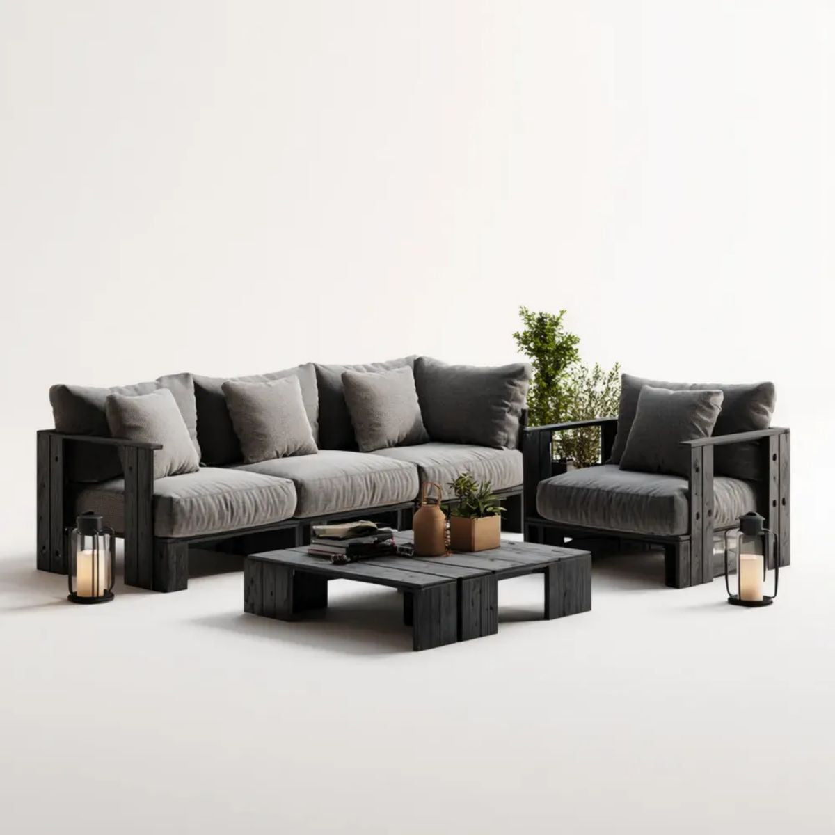 Ogrodowy drewniany zestaw mebli: sofa 3-osobowa 210 × 70 × 65 cm, fotel i stolik kawowy, szaro-czarny