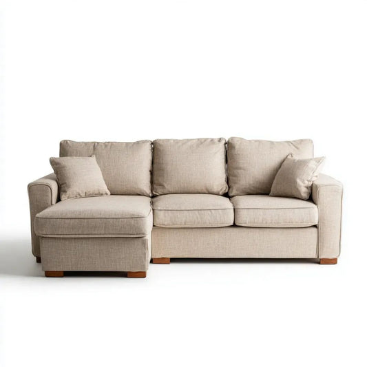 Beżowa sofa narożna w kształcie L z lewym szezlongiem, tapicerowana poliestrem, 250 × 160 × 88 cm