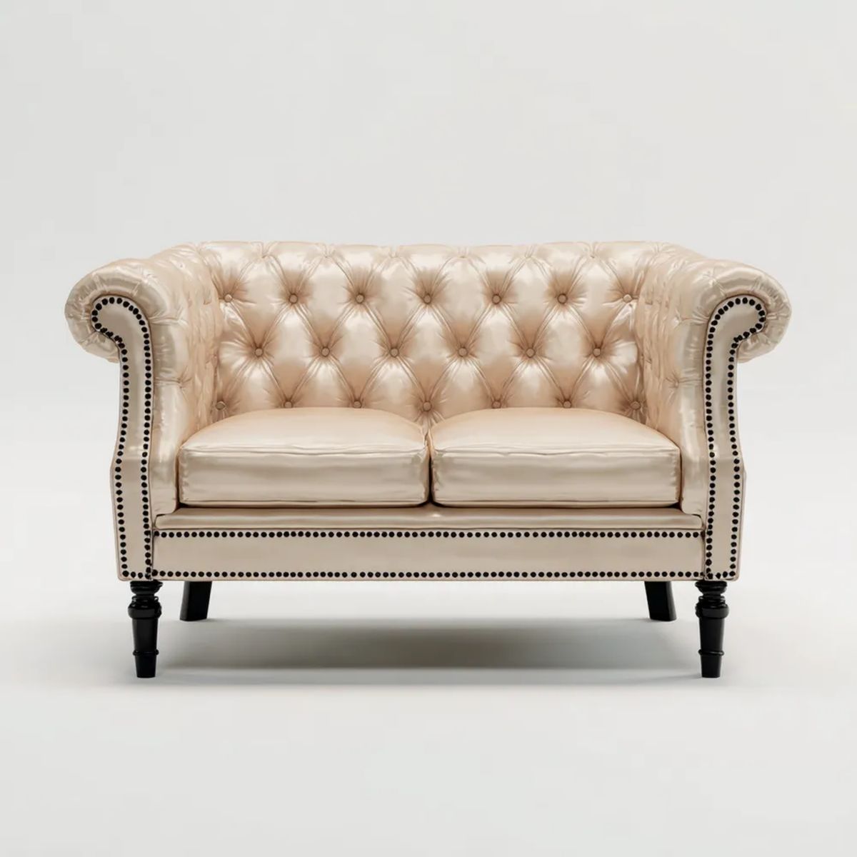 Dwuosobowa sofa ze skóry syntetycznej, kremowo-czarna, pikowana, 160 × 88 × 85 cm