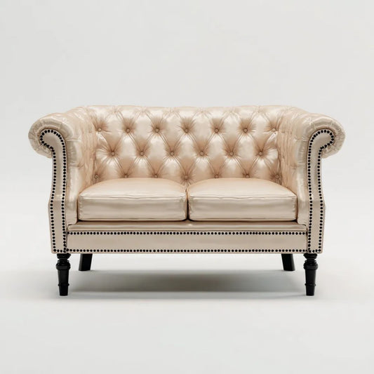 Dwuosobowa sofa ze skóry syntetycznej, kremowo-czarna, pikowana, 160 × 88 × 85 cm