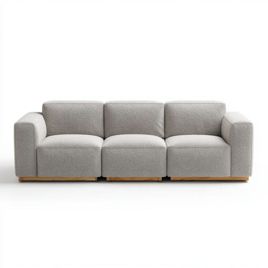 Modułowa sofa 3-osobowa z poliestru na drewnianych podstawach, jasnoszara z naturalnym brązem, 240 x 90 x 78 cm