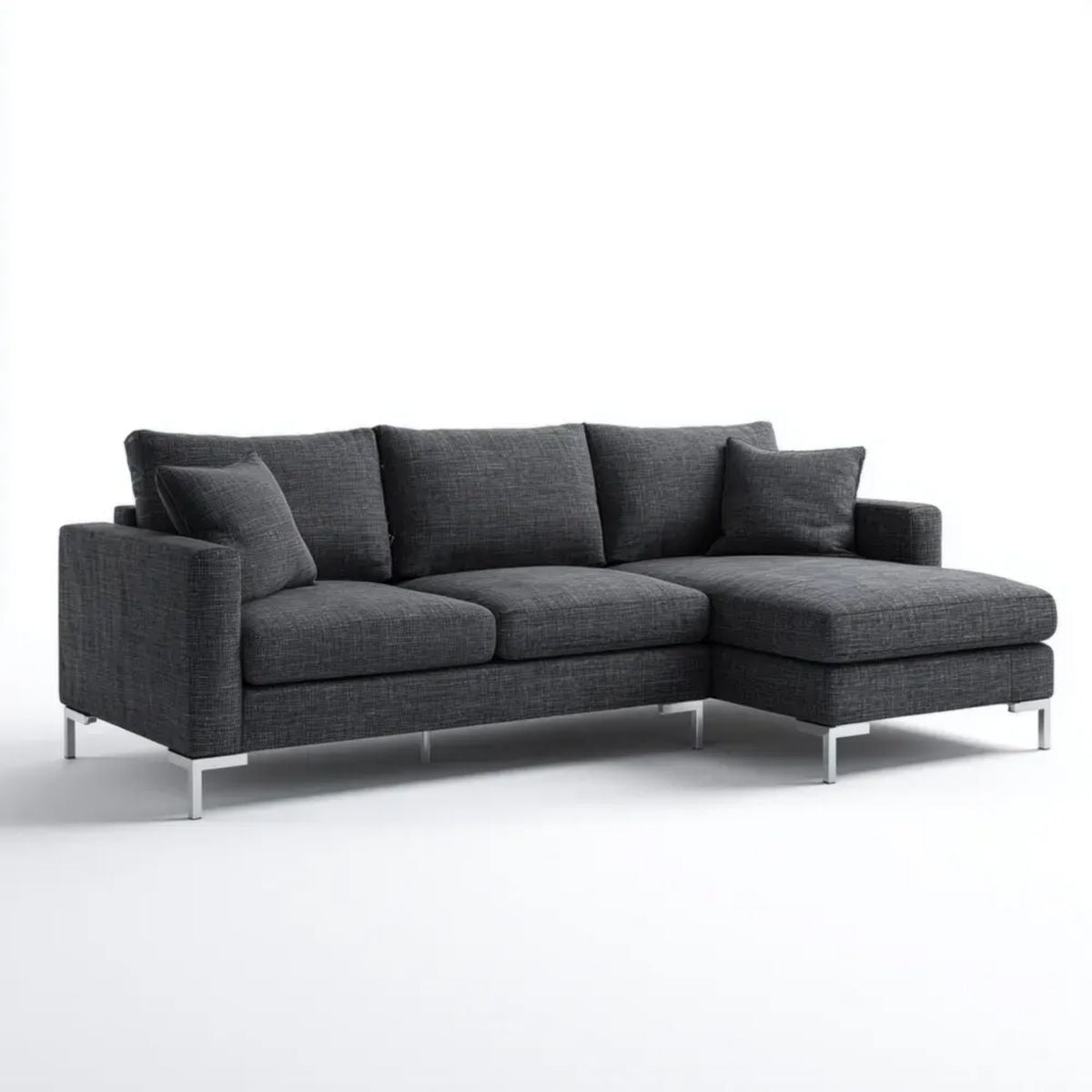 Prawostronna sofa narożna 3-osobowa z tkaniny grafitowej ze srebrnymi nóżkami, 250 × 160 × 85 cm