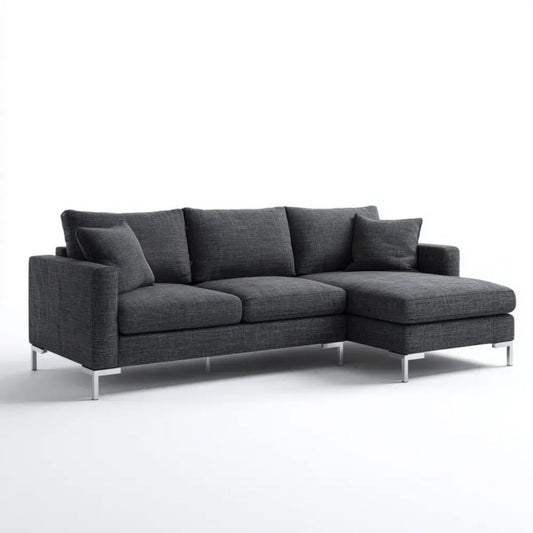 Prawostronna sofa narożna 3-osobowa z tkaniny grafitowej ze srebrnymi nóżkami, 250 × 160 × 85 cm