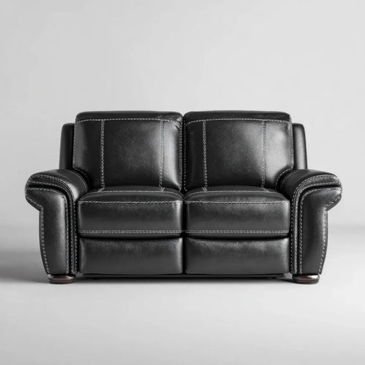 Dwuosobowa sofa ze skóry PU, czarna z szarymi przeszyciami, 160 x 90 x 92 cm