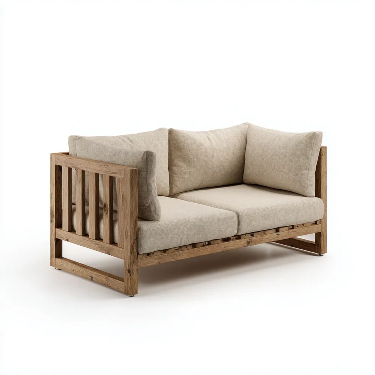2-osobowa sofa beżowa z litego drewna akacjowego z poduszkami poliestrowymi, 160 × 85 × 78 cm